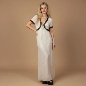 Central Park West Maxi Dress Empire Waist Black Lace Trim Cream Size Small